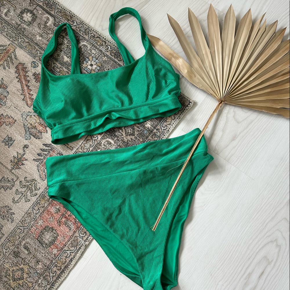 Aerie Green Ribbed Scoop Bikini Top (L) & Matching High Waisted Bottom (XL)
